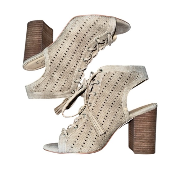 Jessica Simpson Suede Taupe Lace Up Tassel Block Heels - Picture 2 of 3